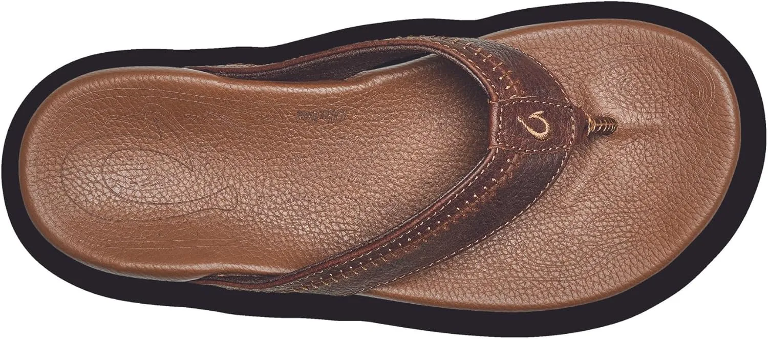 OLUKAI Hiapo Men's Beach Sandals, Full-Grain Leather Flip-Flop Slides, Compression Molded Footbed & Comfort Fit, Enhanced Grip Soles