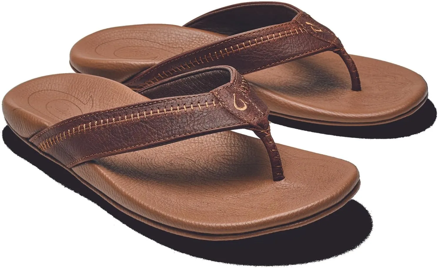 OLUKAI Hiapo Men's Beach Sandals, Full-Grain Leather Flip-Flop Slides, Compression Molded Footbed & Comfort Fit, Enhanced Grip Soles