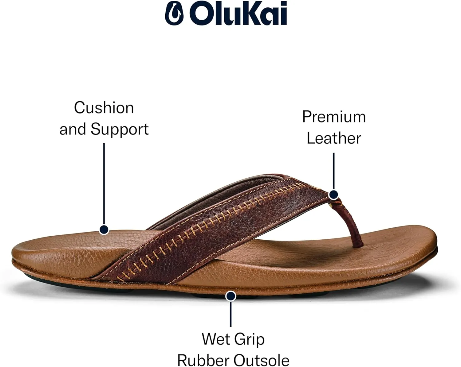 OLUKAI Hiapo Men's Beach Sandals, Full-Grain Leather Flip-Flop Slides, Compression Molded Footbed & Comfort Fit, Enhanced Grip Soles
