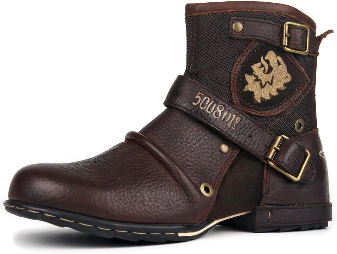 OSSTONE Moto Boots for Men Fashion Zipper-up Leather Chukka Boots Casual Shoes Retro Style OS-5008-1-DA1B1