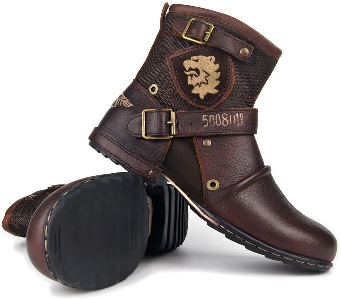 OSSTONE Moto Boots for Men Fashion Zipper-up Leather Chukka Boots Casual Shoes Retro Style OS-5008-1-DA1B1