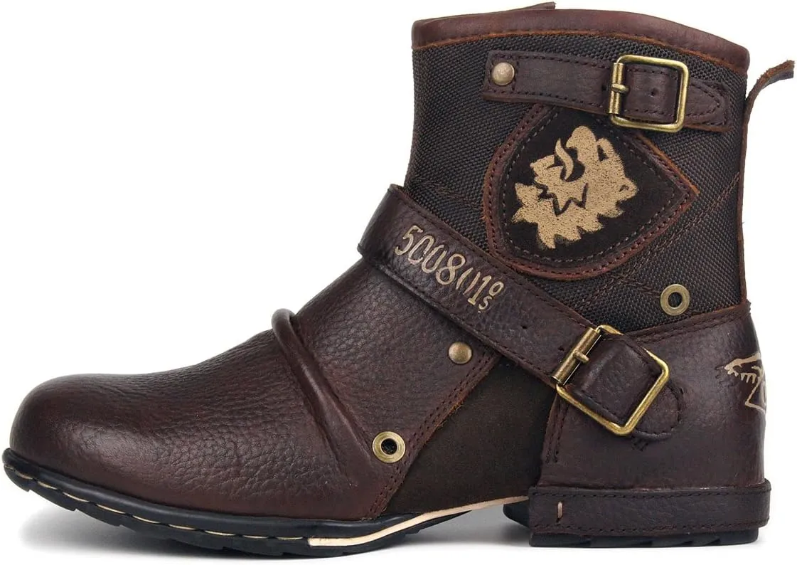OSSTONE Moto Boots for Men Fashion Zipper-up Leather Chukka Boots Casual Shoes Retro Style OS-5008-1-DA1B1