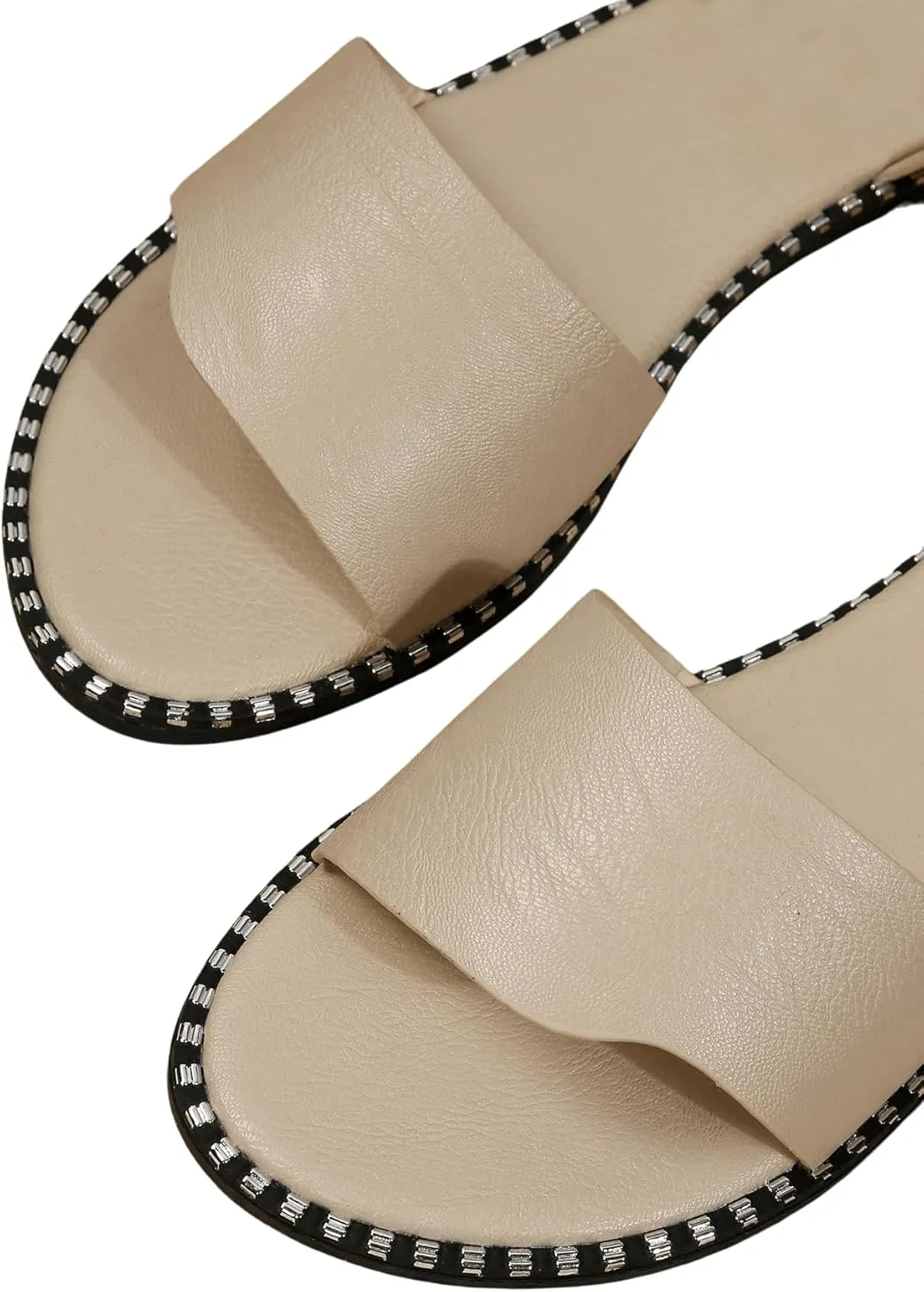 OYOANGLE Women's Pearl Decor Clear Straps Open Toe Flat Sandals Leather Outdoor Beach Sandals