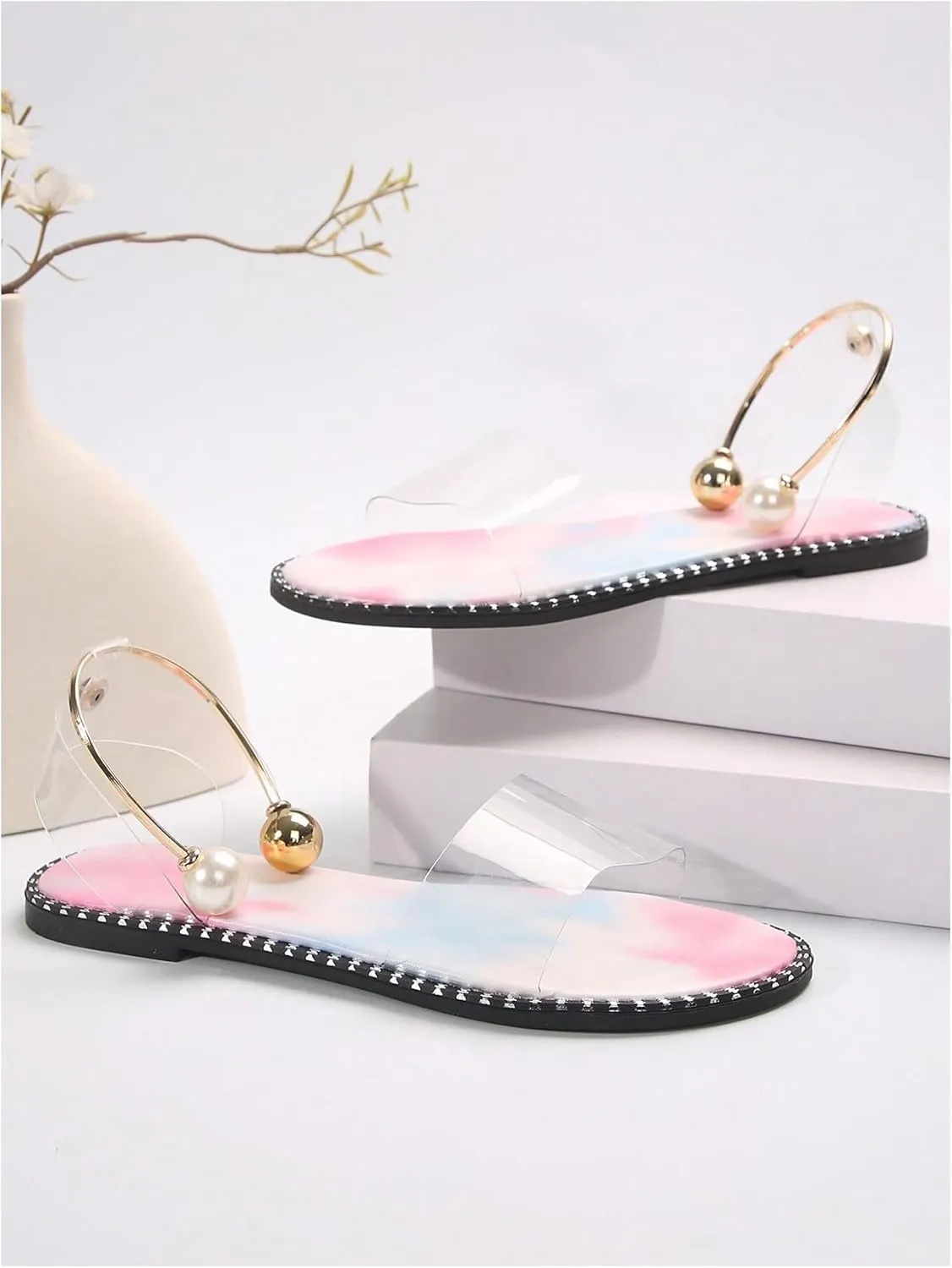 OYOANGLE Women's Pearl Decor Clear Straps Open Toe Flat Sandals Leather Outdoor Beach Sandals