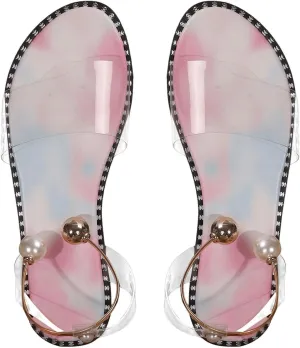 OYOANGLE Women's Pearl Decor Clear Straps Open Toe Flat Sandals Leather Outdoor Beach Sandals