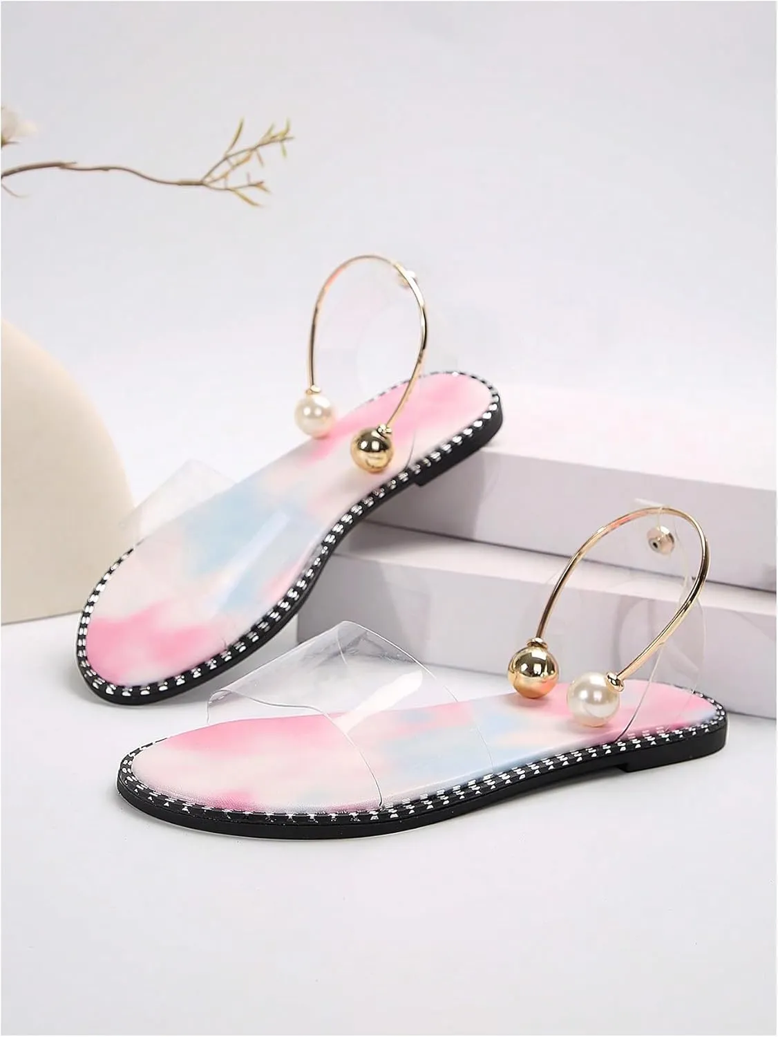 OYOANGLE Women's Pearl Decor Clear Straps Open Toe Flat Sandals Leather Outdoor Beach Sandals