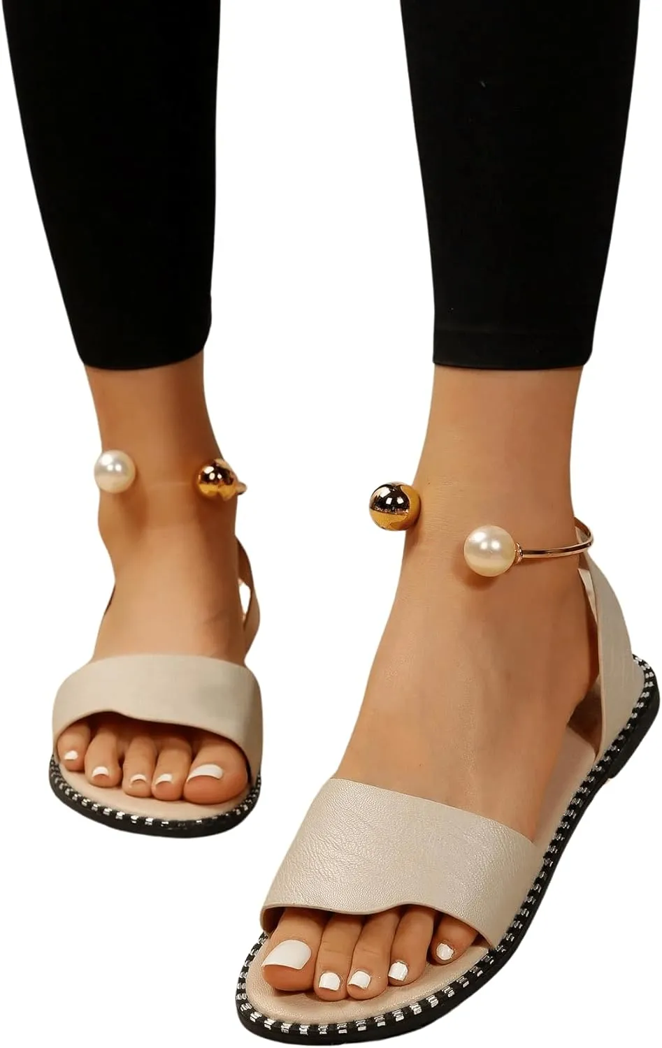 OYOANGLE Women's Pearl Decor Clear Straps Open Toe Flat Sandals Leather Outdoor Beach Sandals