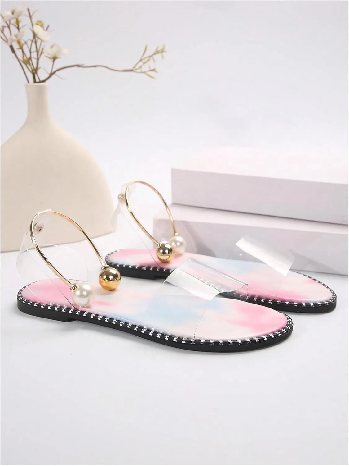 OYOANGLE Women's Pearl Decor Clear Straps Open Toe Flat Sandals Leather Outdoor Beach Sandals