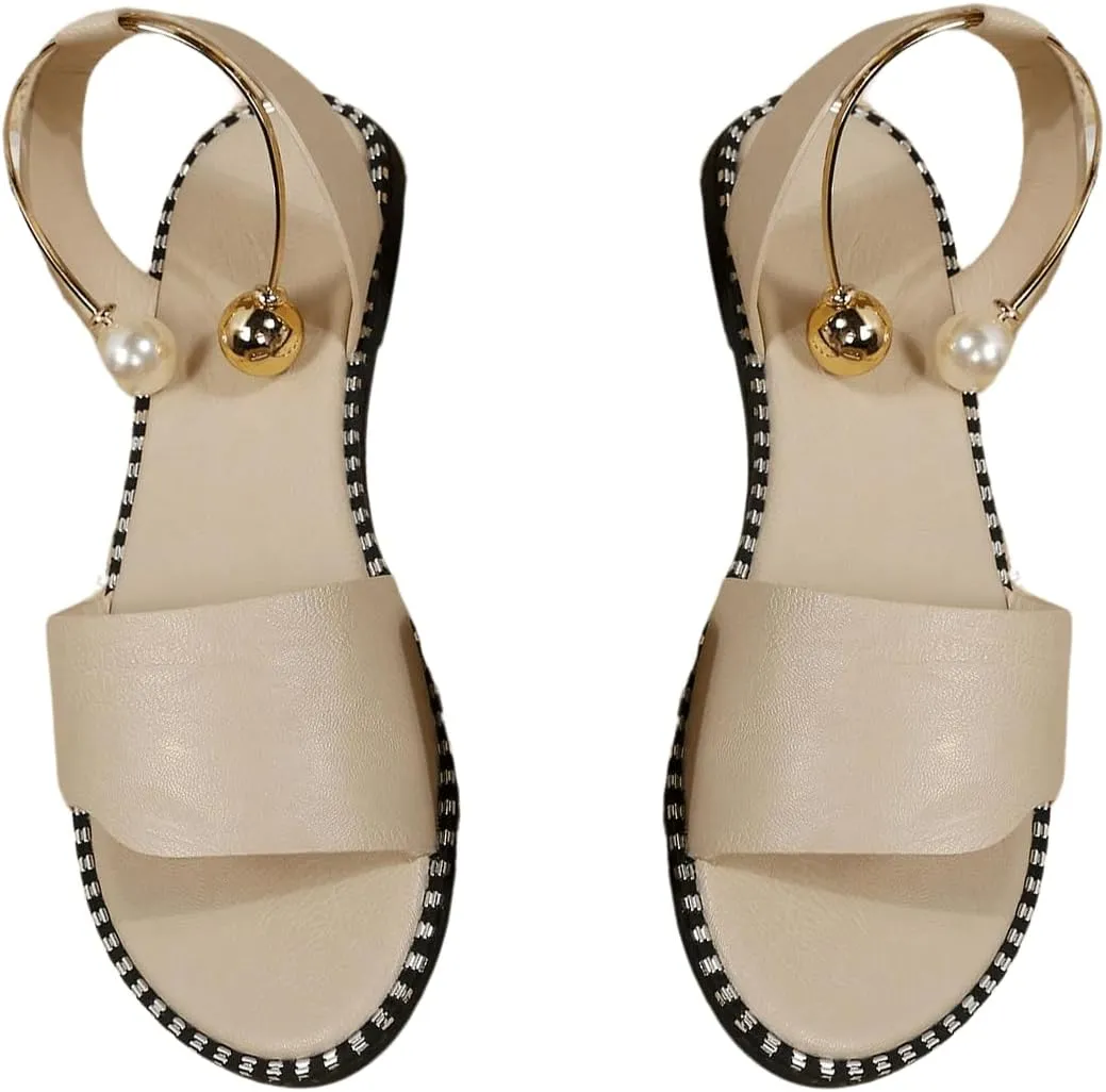 OYOANGLE Women's Pearl Decor Clear Straps Open Toe Flat Sandals Leather Outdoor Beach Sandals