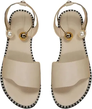 OYOANGLE Women's Pearl Decor Clear Straps Open Toe Flat Sandals Leather Outdoor Beach Sandals