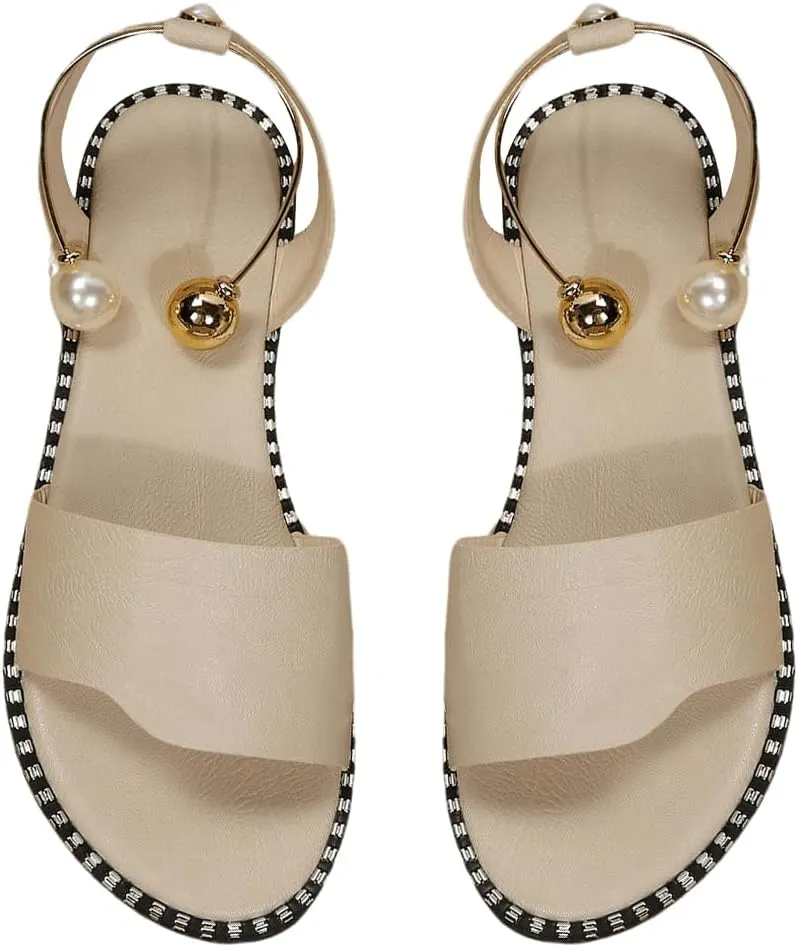 OYOANGLE Women's Pearl Decor Clear Straps Open Toe Flat Sandals Leather Outdoor Beach Sandals