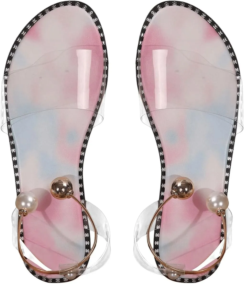 OYOANGLE Women's Pearl Decor Clear Straps Open Toe Flat Sandals Leather Outdoor Beach Sandals