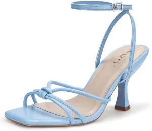 PARTY Women's Square Open Toe Strappy Heeled Sandals 3 inch Stiletto Kitten Heel with Ankle Buckle Strap, Comfortable Slingback Summer Dress Shoes