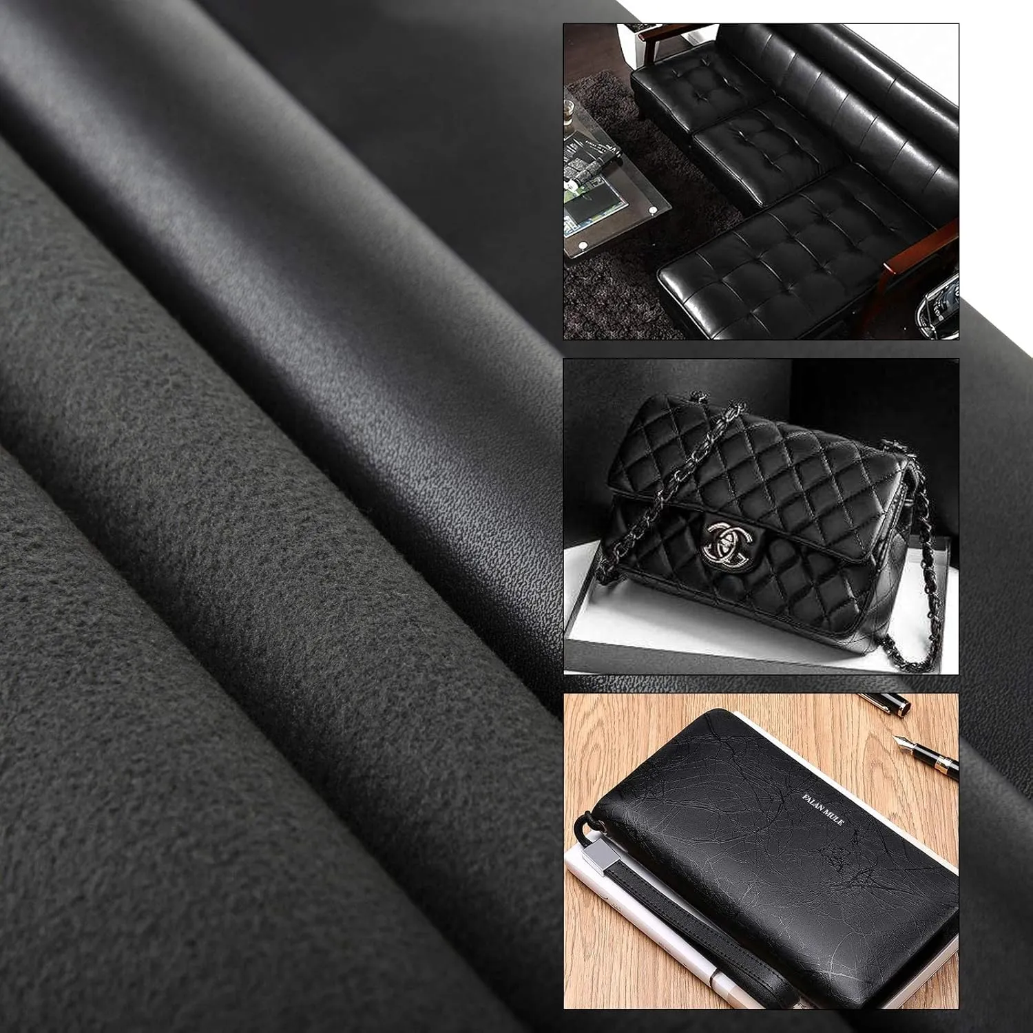 PU Fabric Material 2 Yards 54" x 72" Faux Synthetic Leather Sheets 1.2mm Thick Perfect for Upholstery, DIY Crafts, Hat Making, Hair Crafts Making, Sewing (Black)