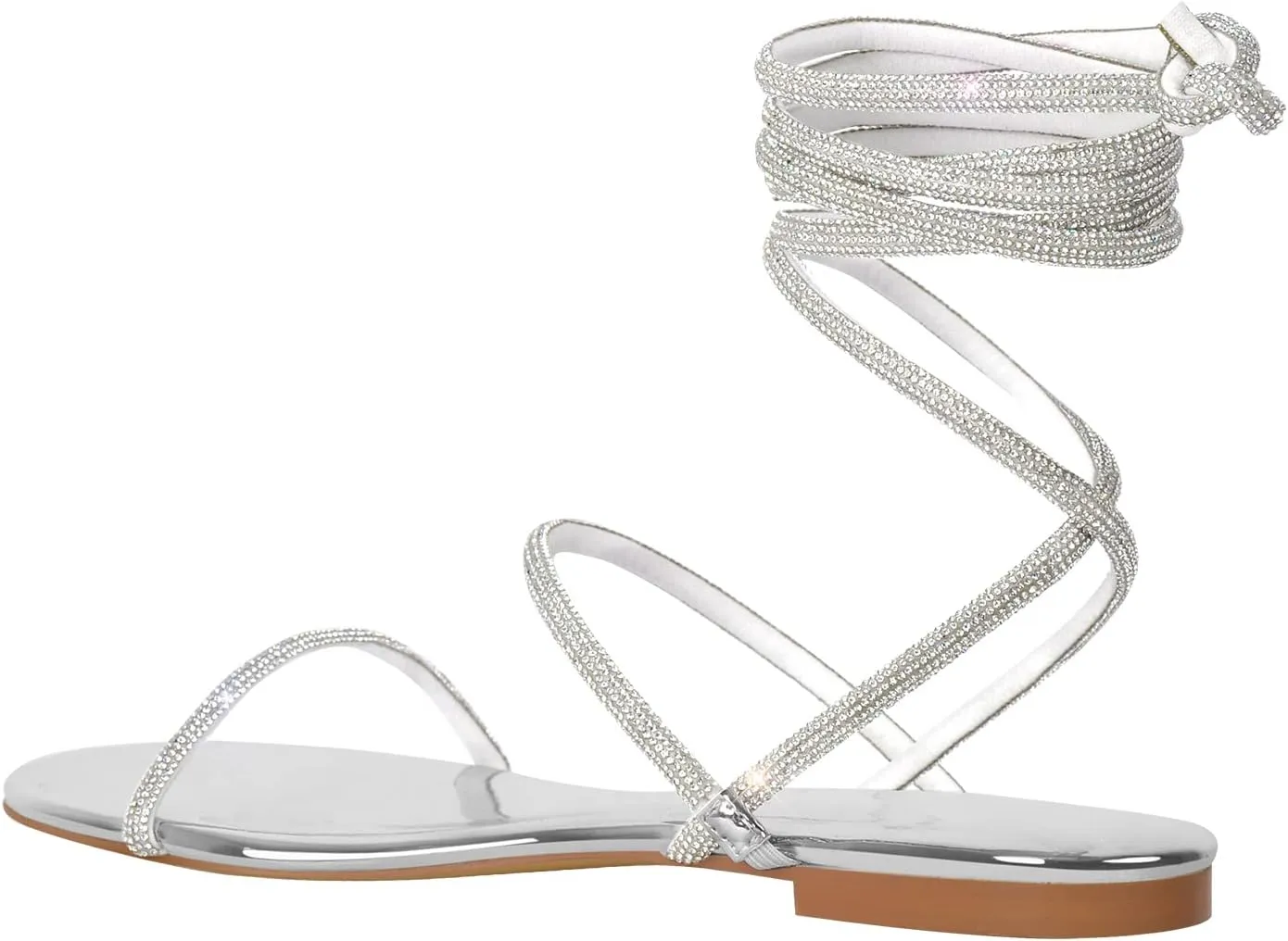 richealnini Round Toe Embellished Straps Rhinestones Flats Lace Tie Up Slide Sandals for Women Girls Party Wedding