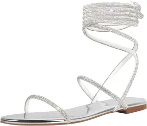 richealnini Round Toe Embellished Straps Rhinestones Flats Lace Tie Up Slide Sandals for Women Girls Party Wedding
