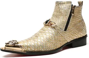 Rui Landed High Top Genuine Leather Faux Snakeskin Print Metal Tip Flat Mens Ankle Boots with Dual Zipper (Color : Beige, Size : 10 M US)