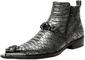 Rui Landed High Top Genuine Leather Faux Snakeskin Print Metal Tip Flat Mens Ankle Boots with Dual Zipper (Color : Black, Size : 9 M US)
