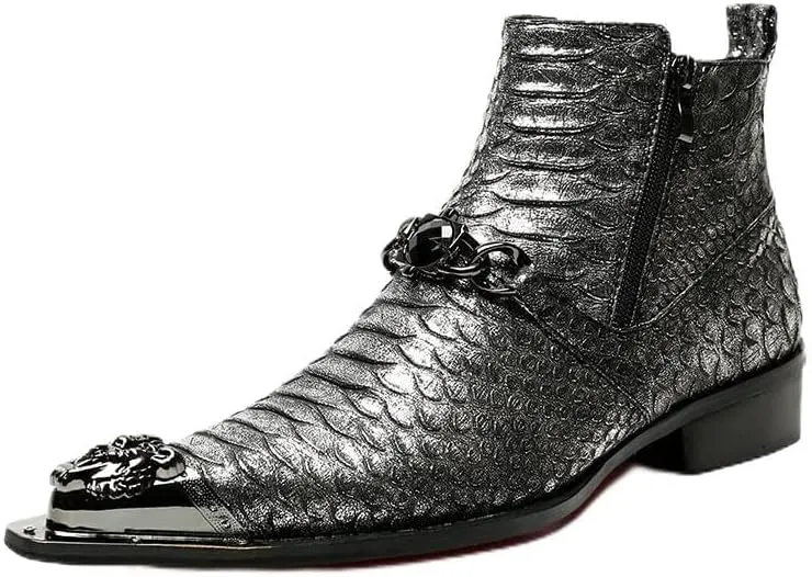 Rui Landed High Top Genuine Leather Faux Snakeskin Print Metal Tip Flat Mens Ankle Boots with Dual Zipper (Color : Black, Size : 9 M US)