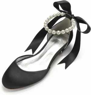 Satin Pearls Wedding Flats Shoes for Bride Round Toe Formal Evening Party Dress Flat Shoes Women 5049-63