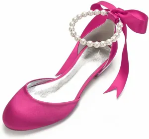 Satin Pearls Wedding Flats Shoes for Bride Round Toe Formal Evening Party Dress Flat Shoes Women 5049-63