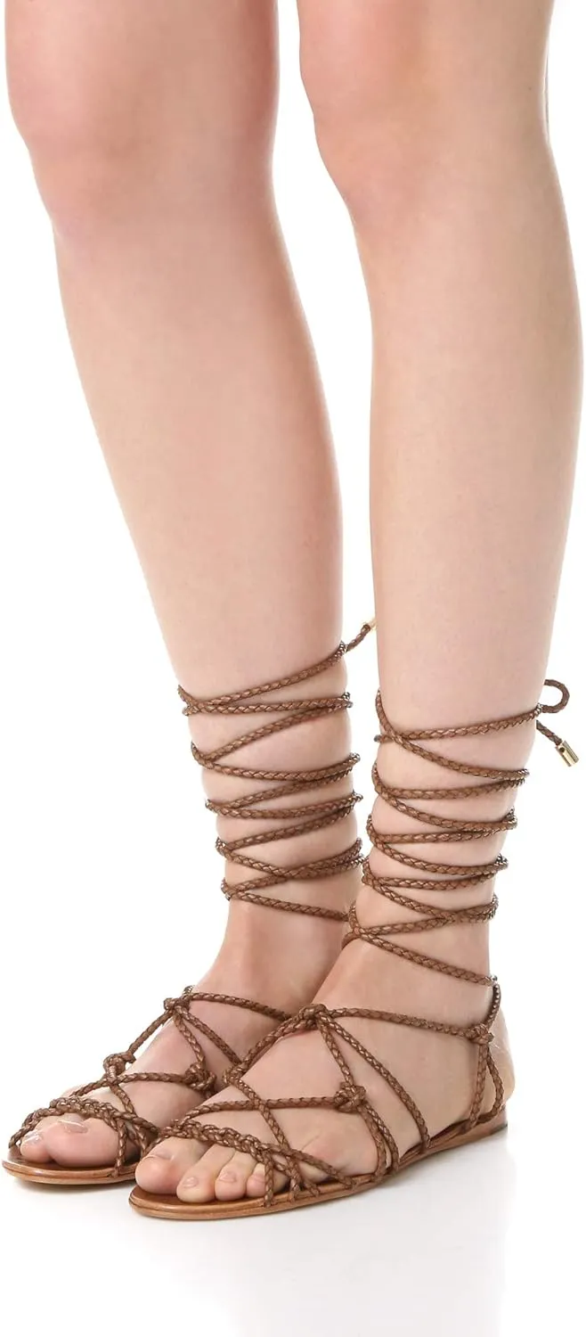 SCHUTZ Kathleen Bark Brown Flat Wrap Around Braided Leather Gladiator Sandals