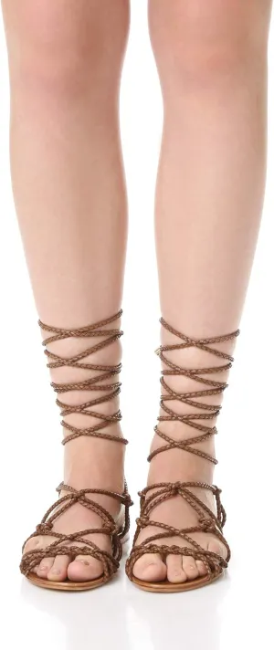 SCHUTZ Kathleen Bark Brown Flat Wrap Around Braided Leather Gladiator Sandals