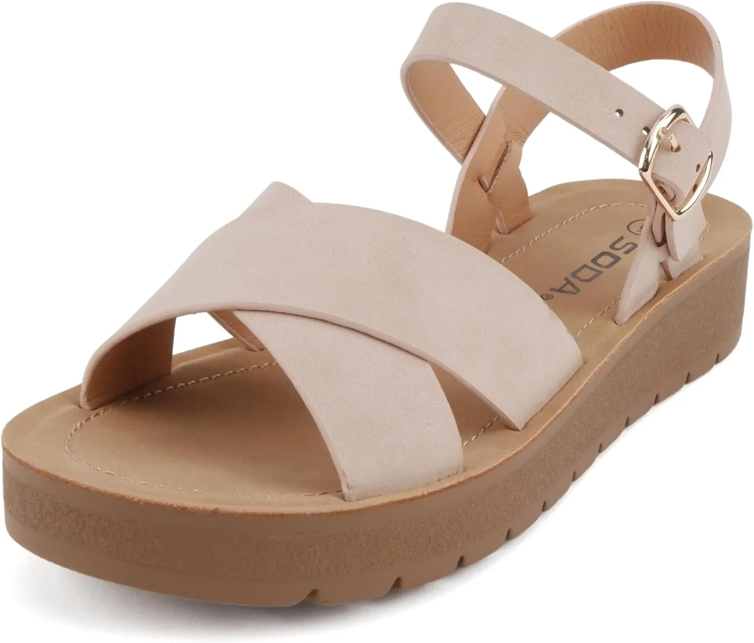 Soda CHESTER ~ Women Flat Sandals Flatform Ankle Buckle Criss Cross Band Straps Sandals Shoes