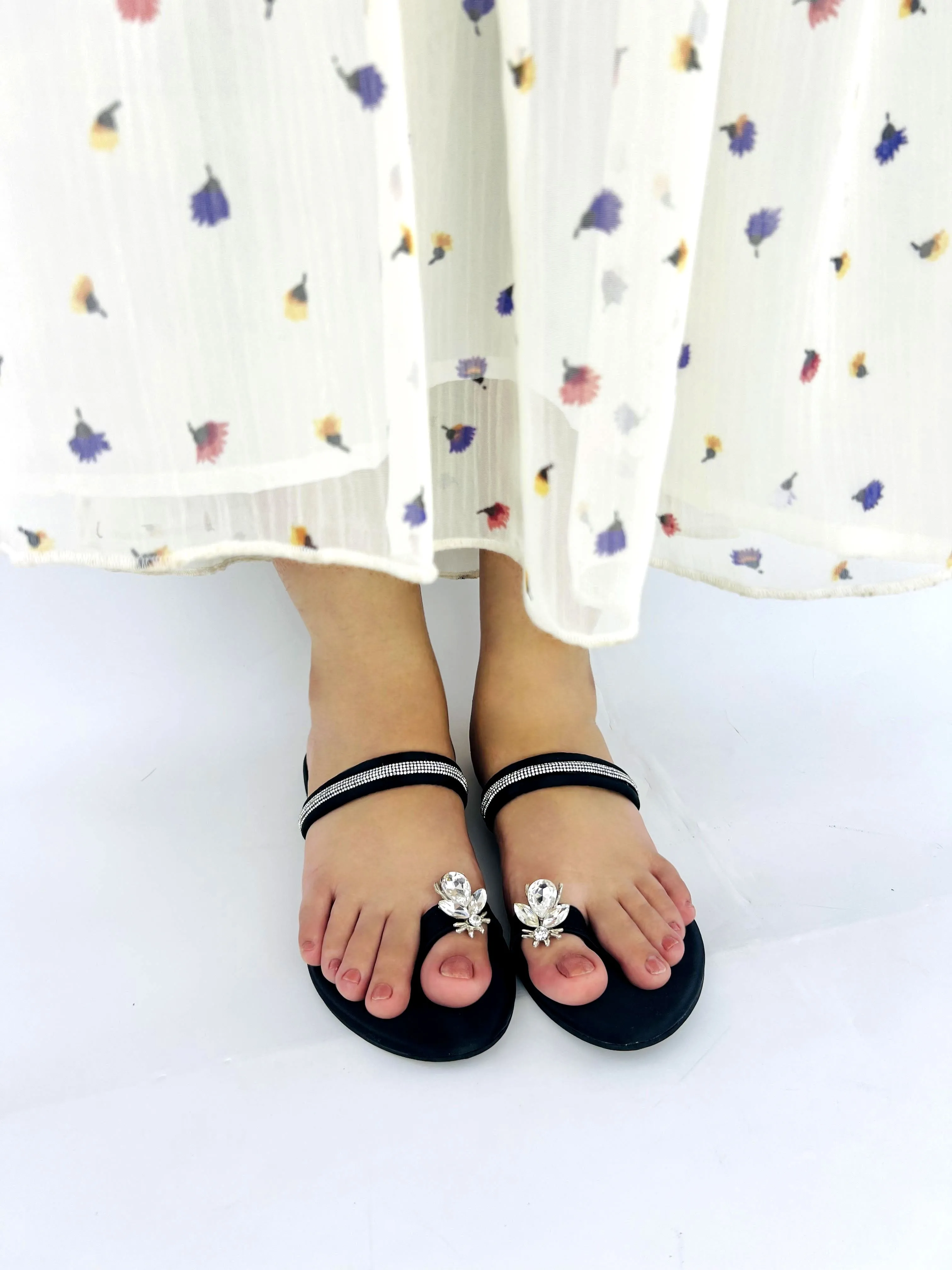 Spunkz Metallic Black Rhinestone Strap Bee Flats-11025