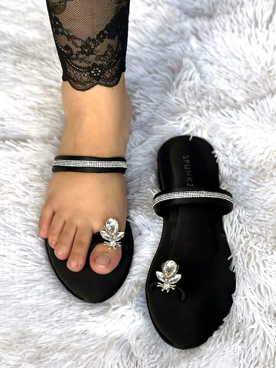 Spunkz Metallic Black Rhinestone Strap Bee Flats-11025