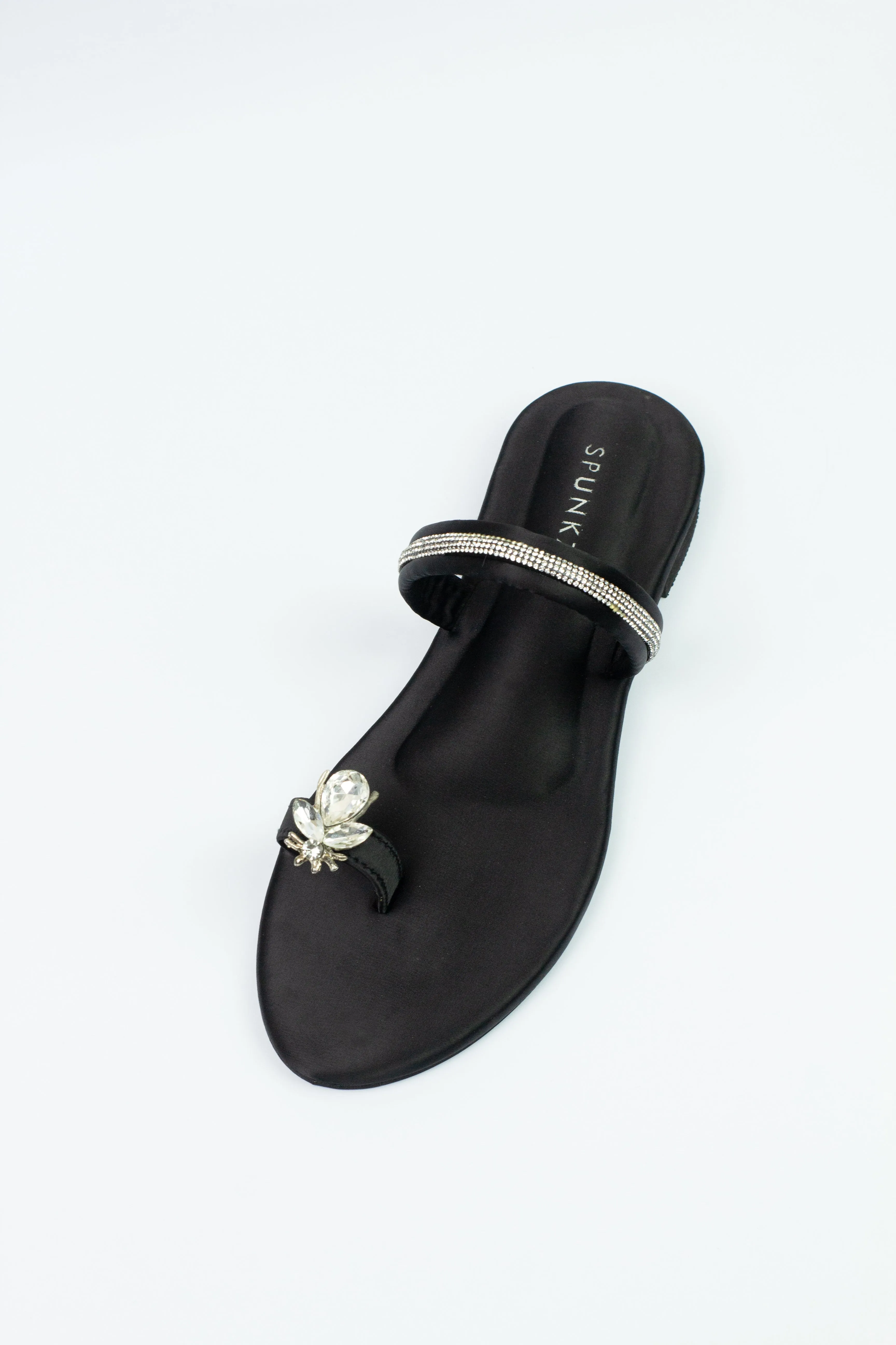 Spunkz Metallic Black Rhinestone Strap Bee Flats-11025