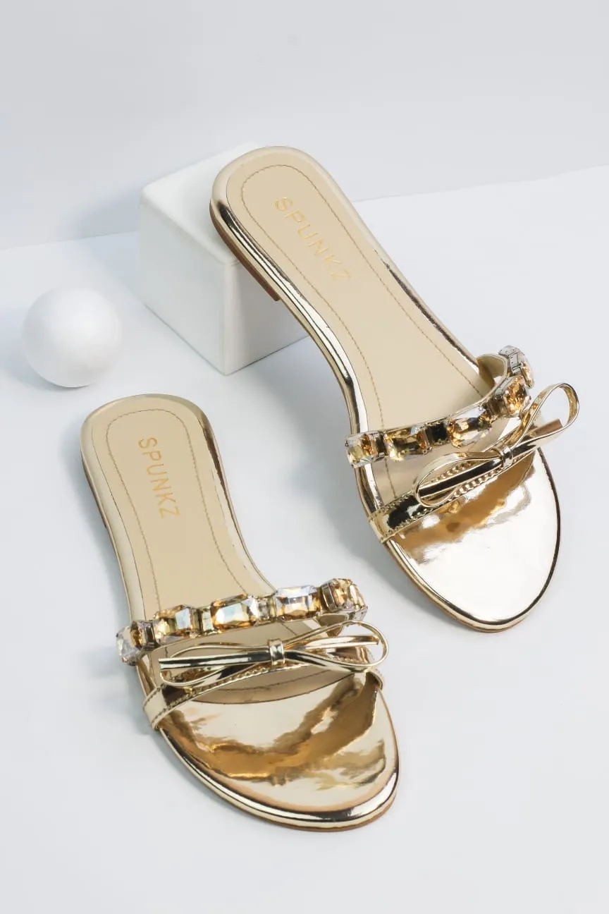 Spunkz Myra Gold Embellished Mirrored Leather Flat Slides-11070