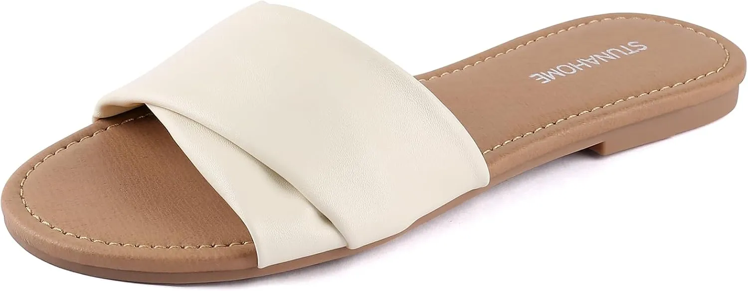 STUNAHOME Womens Flat Sandals Summer Slip On Slides Round Toe Leather Sandals Crisscross Slippers