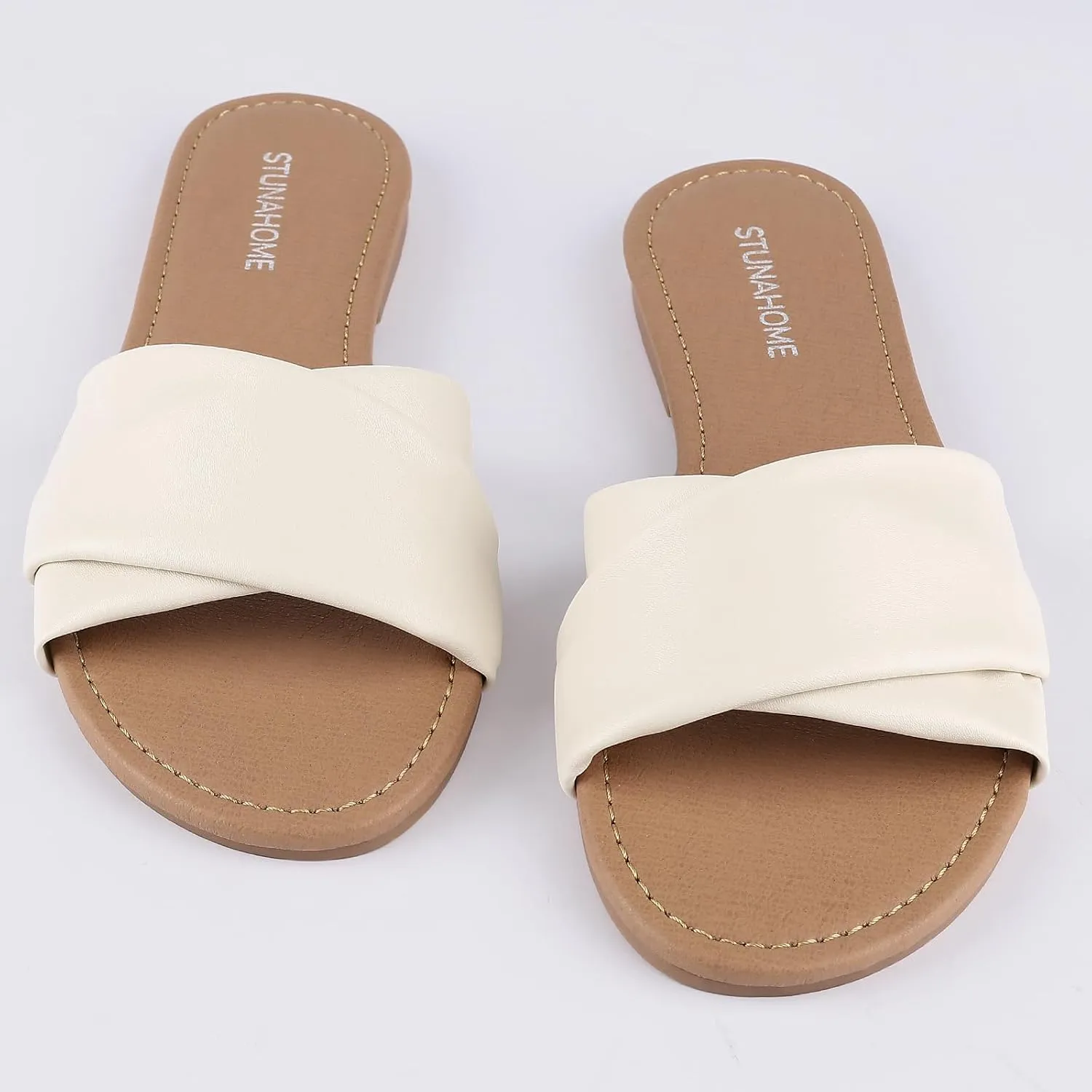 STUNAHOME Womens Flat Sandals Summer Slip On Slides Round Toe Leather Sandals Crisscross Slippers