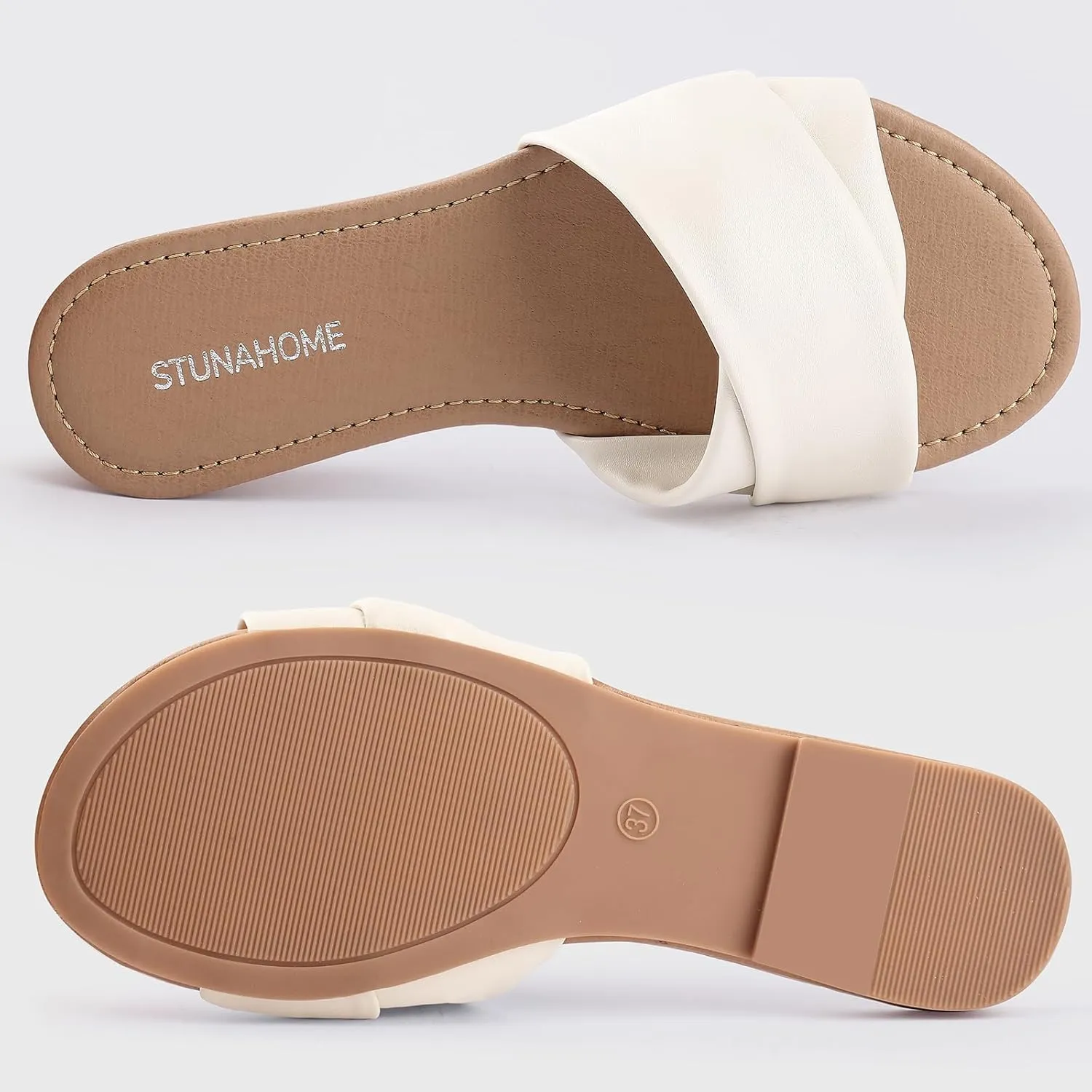 STUNAHOME Womens Flat Sandals Summer Slip On Slides Round Toe Leather Sandals Crisscross Slippers