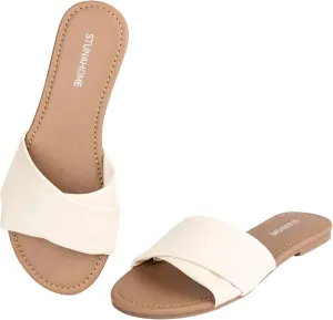 STUNAHOME Womens Flat Sandals Summer Slip On Slides Round Toe Leather Sandals Crisscross Slippers
