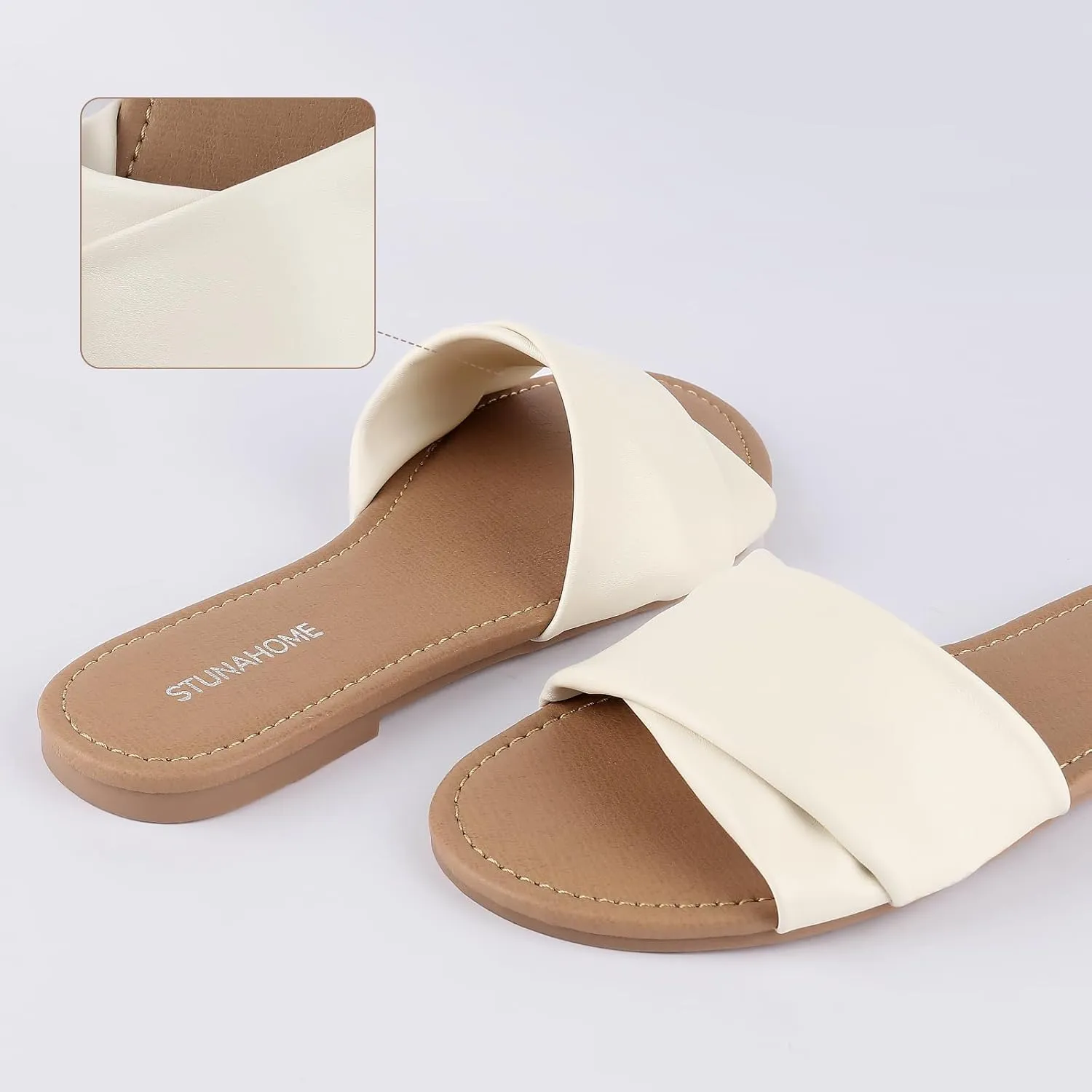STUNAHOME Womens Flat Sandals Summer Slip On Slides Round Toe Leather Sandals Crisscross Slippers