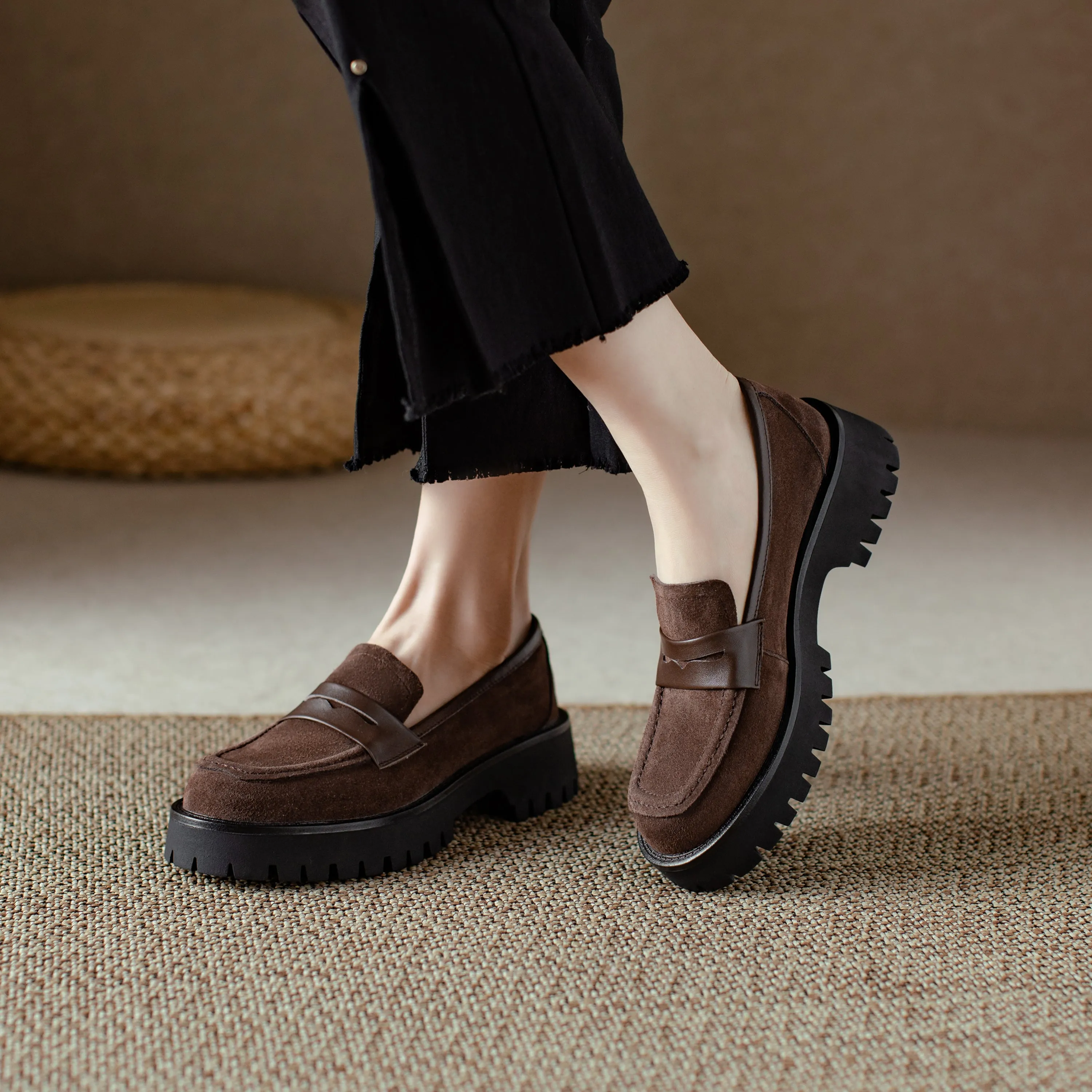 Suede Leather Handmade Classic Platform Penny Loafers Flats Women's Shoes