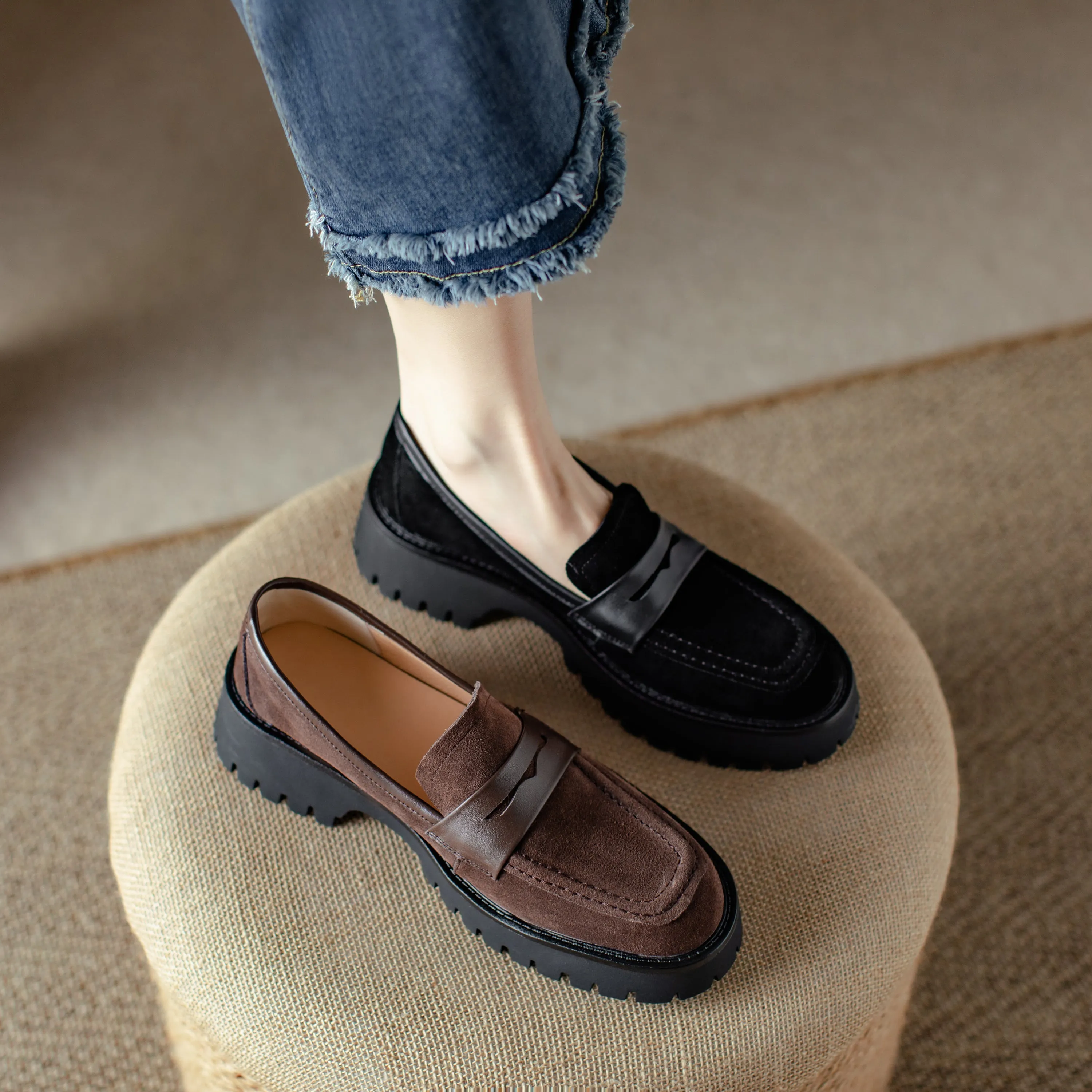 Suede Leather Handmade Classic Platform Penny Loafers Flats Women's Shoes