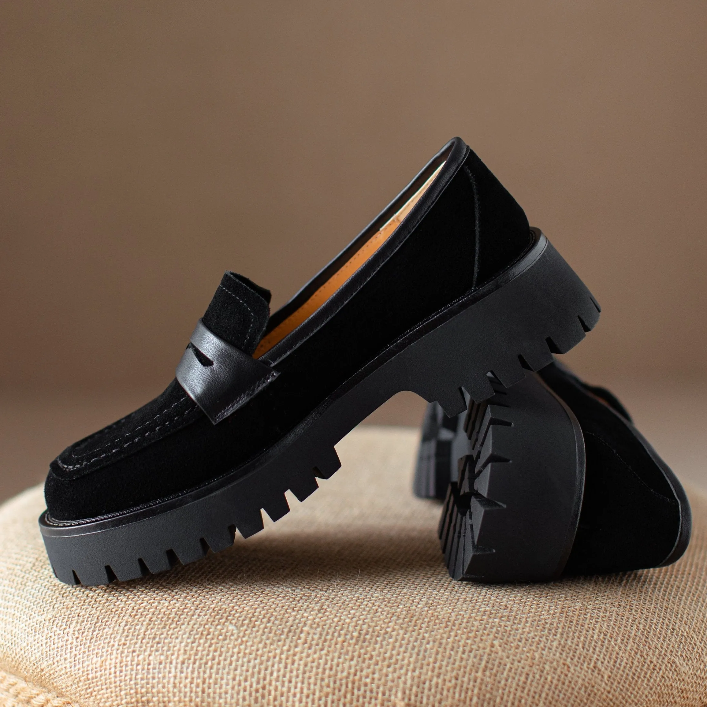 Suede Leather Handmade Classic Platform Penny Loafers Flats Women's Shoes