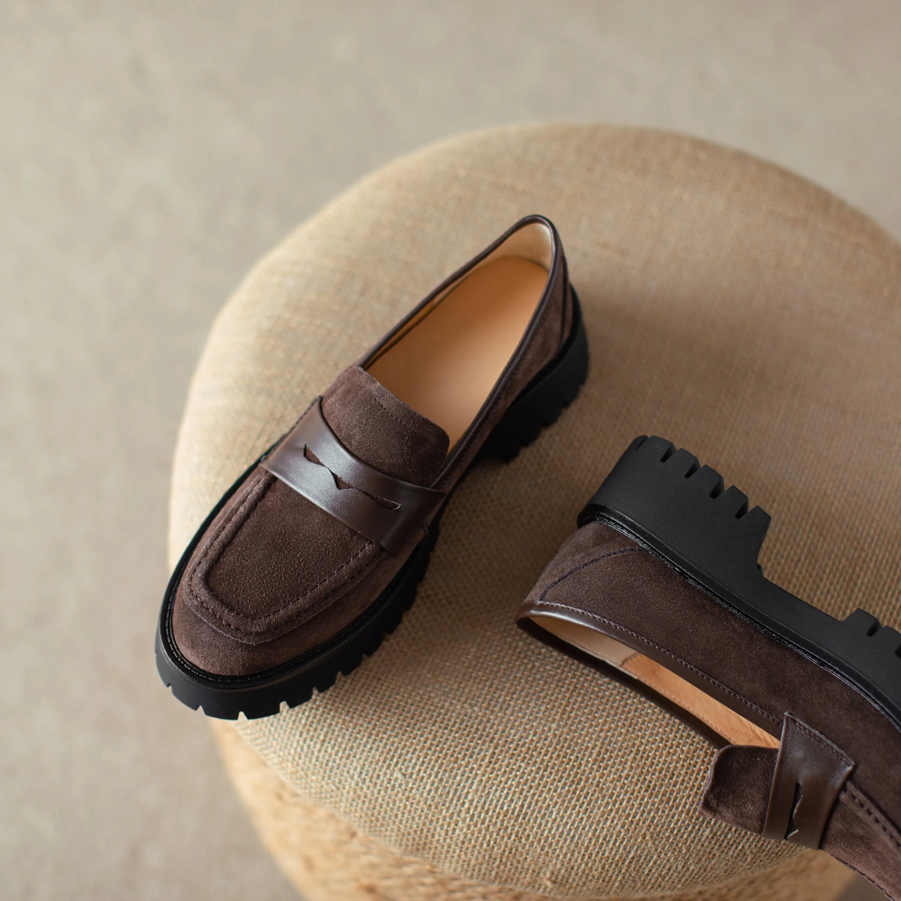 Suede Leather Handmade Classic Platform Penny Loafers Flats Women's Shoes