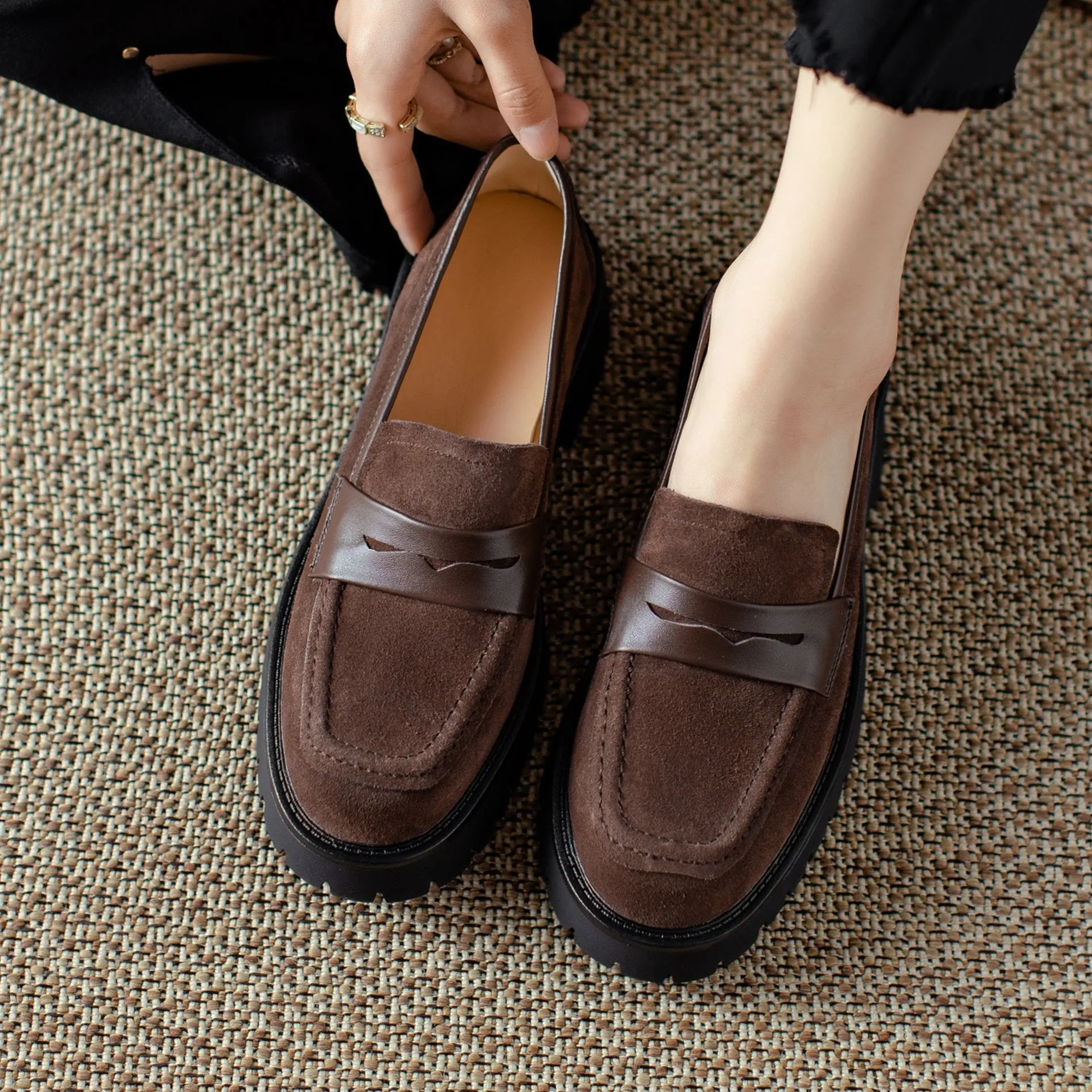 Suede Leather Handmade Classic Platform Penny Loafers Flats Women's Shoes
