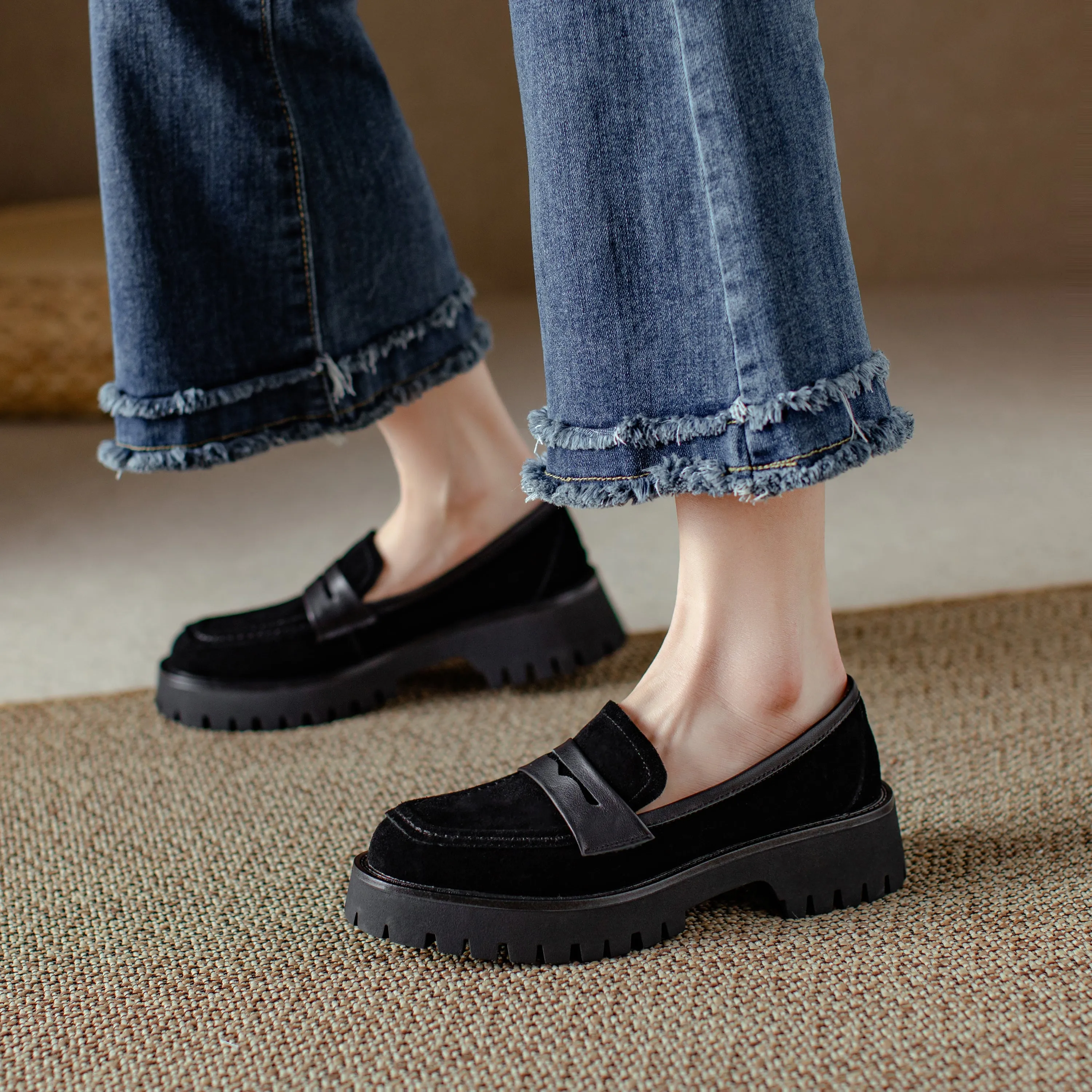 Suede Leather Handmade Classic Platform Penny Loafers Flats Women's Shoes