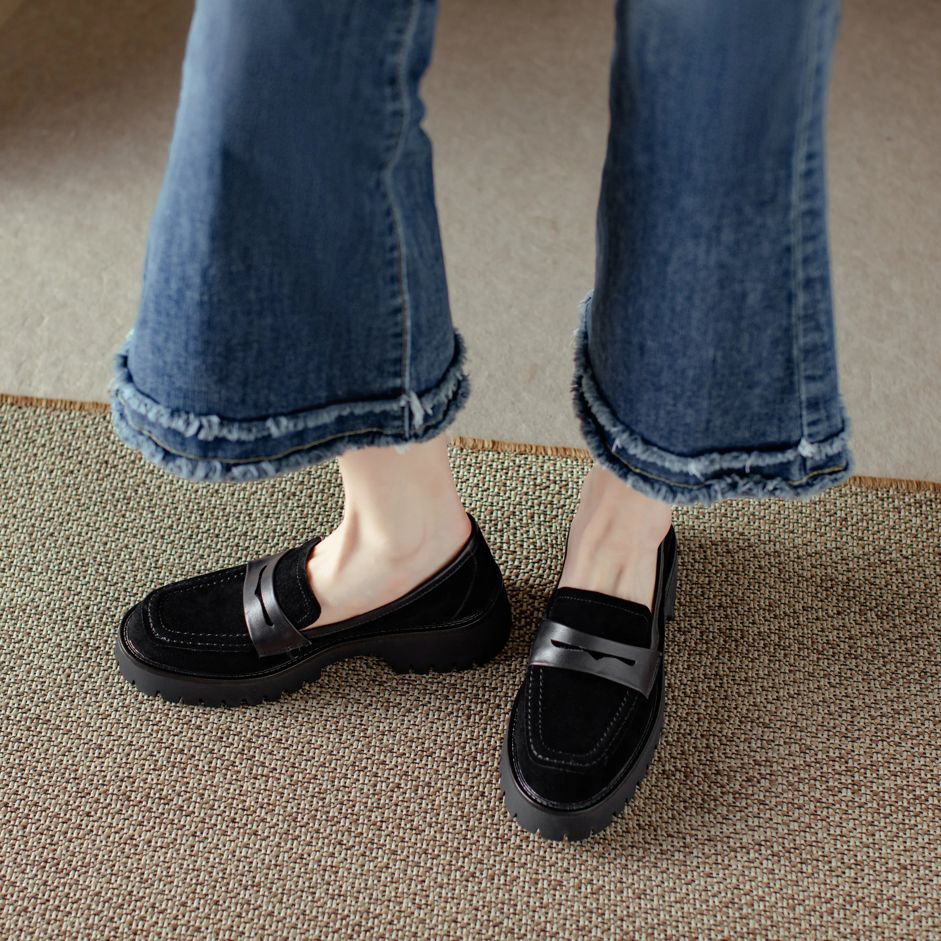 Suede Leather Handmade Classic Platform Penny Loafers Flats Women's Shoes