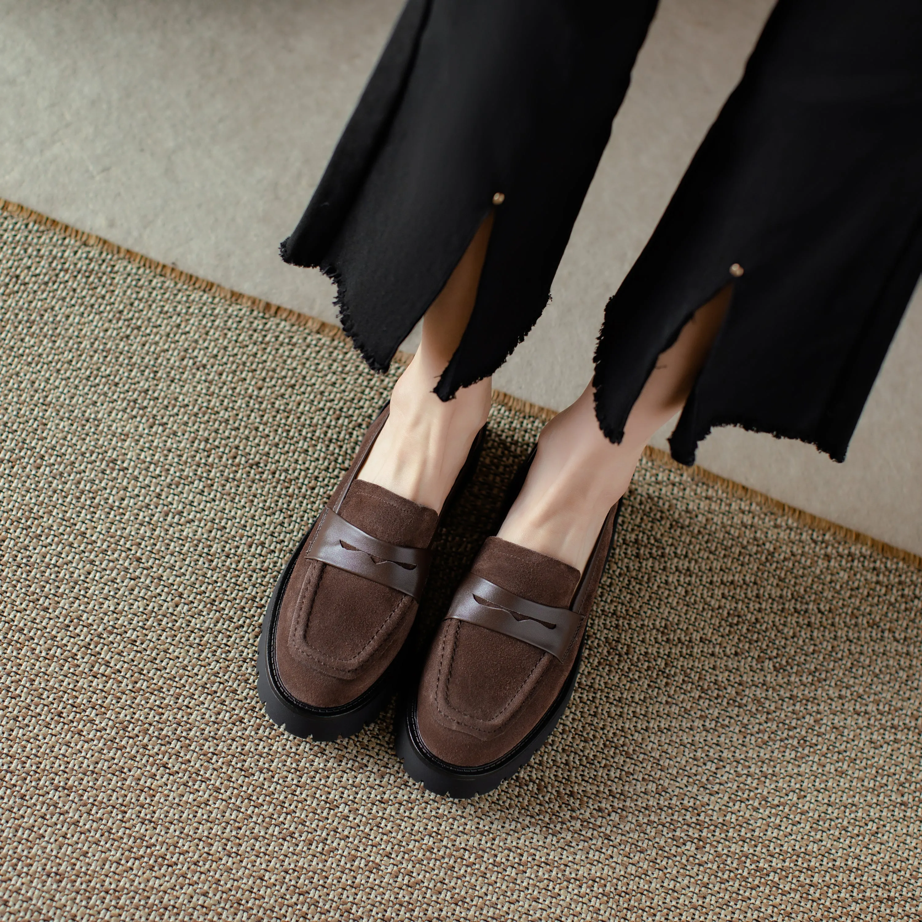 Suede Leather Handmade Classic Platform Penny Loafers Flats Women's Shoes
