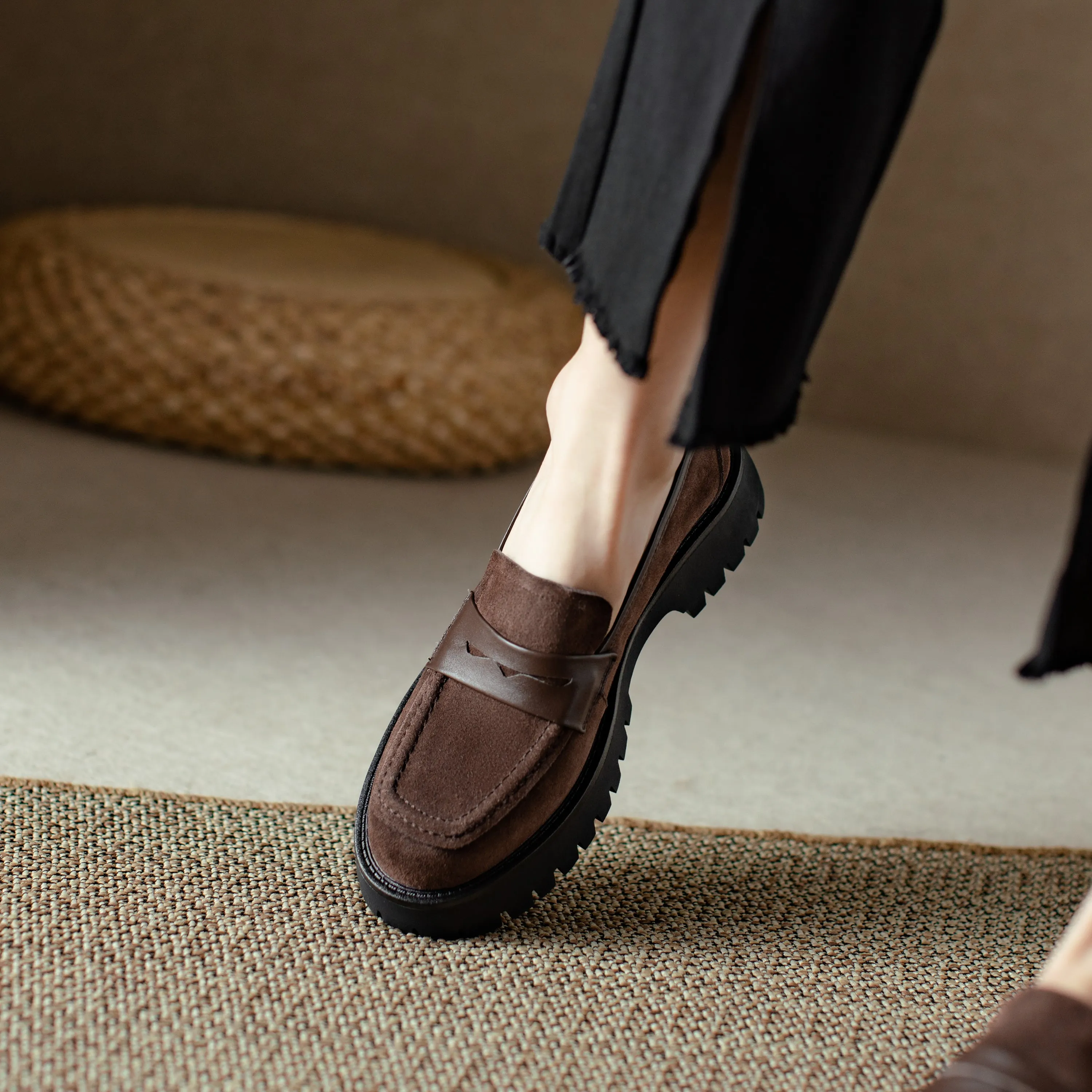 Suede Leather Handmade Classic Platform Penny Loafers Flats Women's Shoes