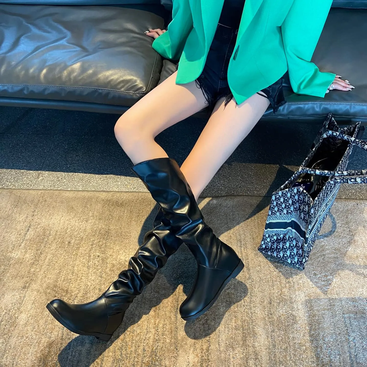 Sungtin Women's Faux Leather Knee High Flat Slouch Boots