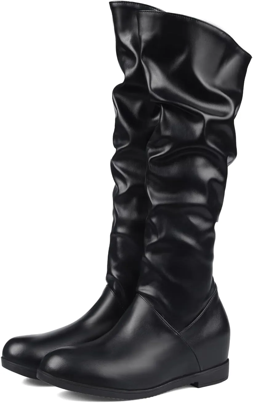 Sungtin Women's Faux Leather Knee High Flat Slouch Boots