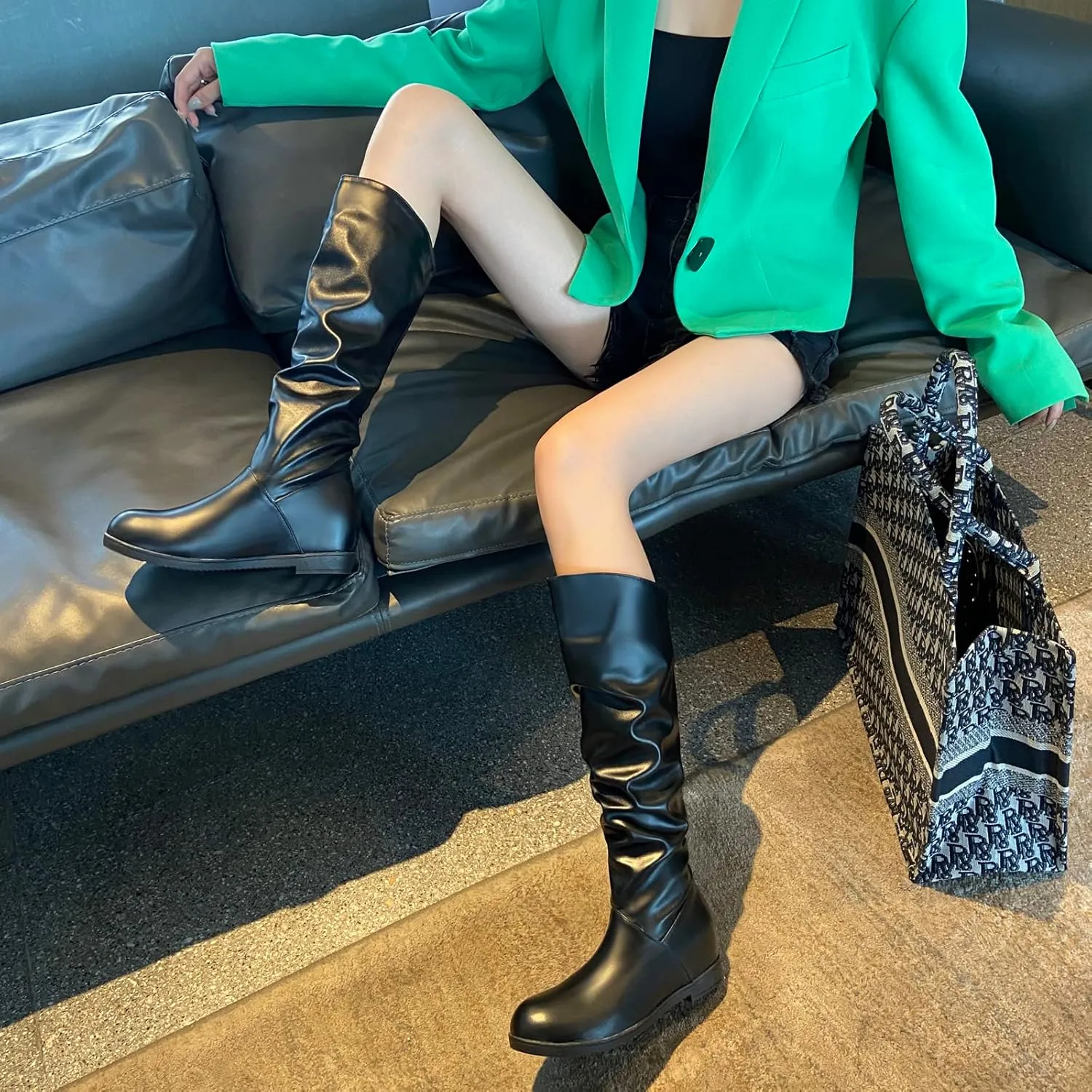 Sungtin Women's Faux Leather Knee High Flat Slouch Boots