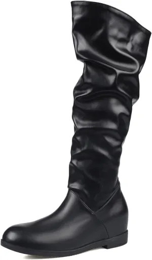 Sungtin Women's Faux Leather Knee High Flat Slouch Boots
